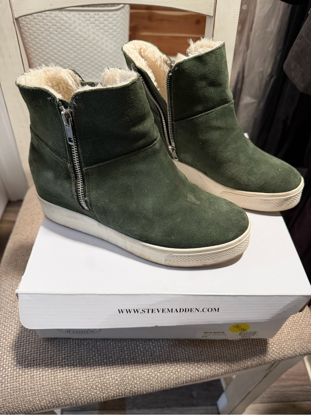 Steve Madden Olive Green Suede Wedge Booties with Faux Fur - 8.5